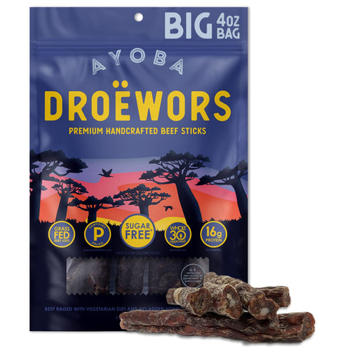 Ayoba Traditional Droewors Grass Fed Beef Paleo Sticks - Keto Friendly, Air-Dried Beef Protein Snacks (4 Ounce, Pack of