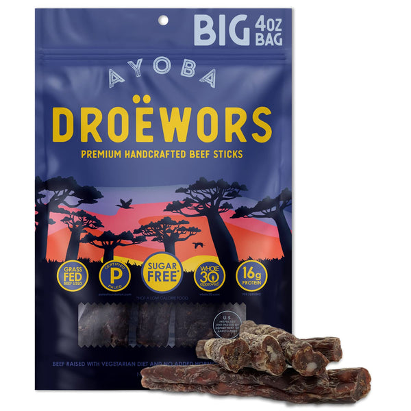 Ayoba Traditional Droewors Grass Fed Beef Paleo Sticks - Keto Friendly, Air-Dried Beef Protein Snacks (4 Ounce, Pack of