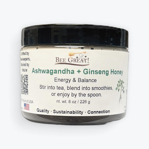 Bee Great Ashwagandha & Ginseng Honey, Raw Honey with Adaptogens, Mild Herbal Flavor, Tea