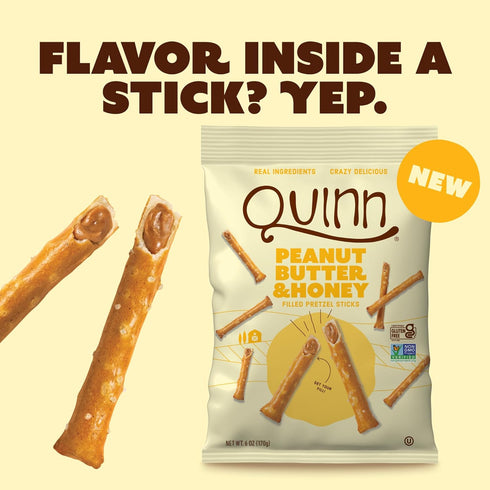 6 oz (Pack 1) Quinn Snacks Peanut Butter & Honey Filled Pretzel Sticks - Gluten Free Snack, Sweet & Salty, Made