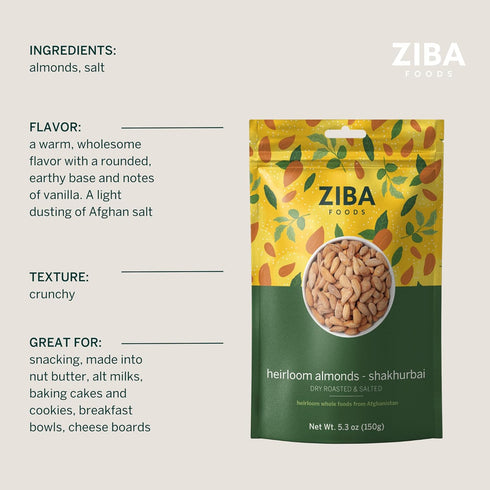 Ziba Foods Heirloom Shakhurbai Almonds, Dry Roasted & Salted, Non-GMO, Vegan, Gluten Free Snack, 5.3 oz