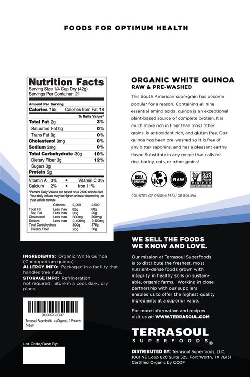 2 Lbs Terrasoul Superfoods Organic White Quinoa, - Pre-washed | Gluten-free | Plant Protein