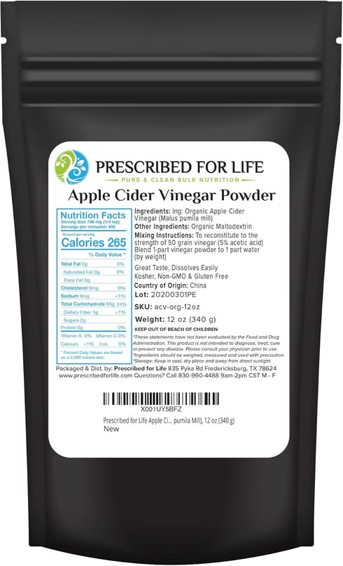 Prescribed For Life Apple Cider Vinegar Powder, Organic ACV, Spray Dried, Gluten