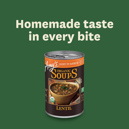 14.5 (Pack 6) Amy's Soup, Vegan, Gluten Free, Organic Lentil, Light in Sodium, Ounce