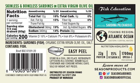 22g 3's 4.37 Oz 12-Pack Season Sardines in Extra Virgin Olive Oil - Skinless & Boneless, Wild Caught, of Protein, Keto