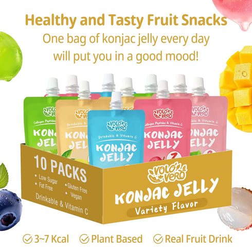 Pack, 10-Packs, VOLO VERO Konjac Jelly Pouch Drinkable Variety Low Calorie, Low Sugar, Keto, Gluten Free, Vegan Fruit