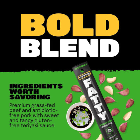 12g 2 oz. FATTY Meat Sticks, Made with Grass Fed Beef, Pork Raised Without Antibiotics, Protein Per Stick, Teriyaki