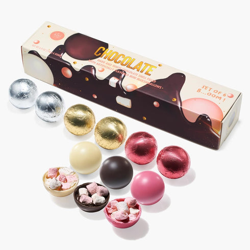 Set 6-3 Set, Hot Chocolate Bombs Marshmallow Filled Balls - of Flavors of White, Fudge Brownie, Strawberry Chocolates