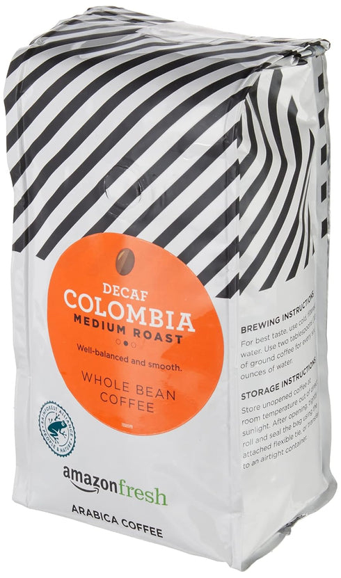 Amazon Fresh 12 Decaf Colombia Whole Bean Coffee, Medium Roast, Ounce