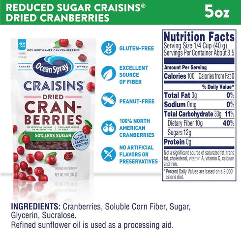 50% 5 Oz (Pack 12) Ocean Spray Craisins, Less Sugar Dried Cranberries, Dried Fruit, Pouch