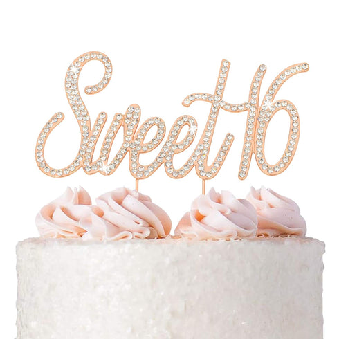 16 Cake Topper - Premium Rose Gold Metal - Sweet 16 Birthday Party Sparkly Rhinestone Decoration