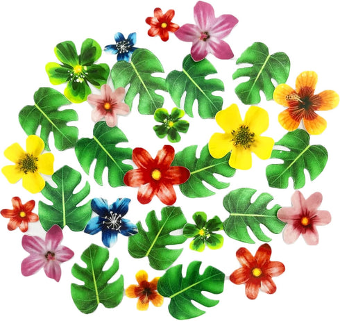 64Pcs Tropical Palm Leaves and Hawaii Flowers Cupcake Toppers for Jungle Summer Party Birthday Wedding Cake Decor