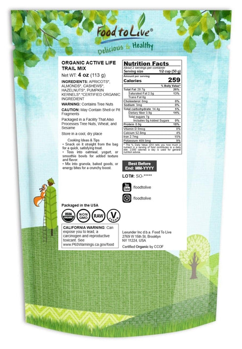 4 Food to Live Organic Active Life Trail Mix, Ounces Raw and Non-GMO Snack Mix Contains Cashews, Pumpkin Seeds