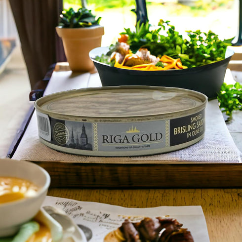 4.23 (120g) (Pack 12) Riga Gold Smoked Brisling Sardines in Olive Oil Clear Top ounces