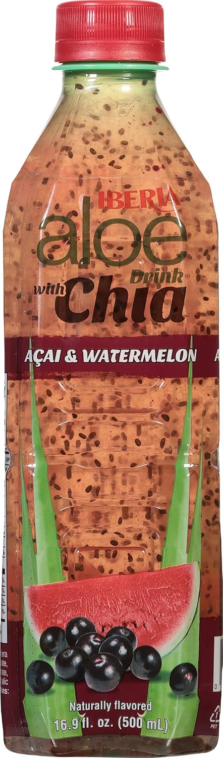 16.9 oz (Pack 8) Iberia Aloe Vera Drink With Aloe Pulp and Chia Seeds, Acai and Watermelon, fl