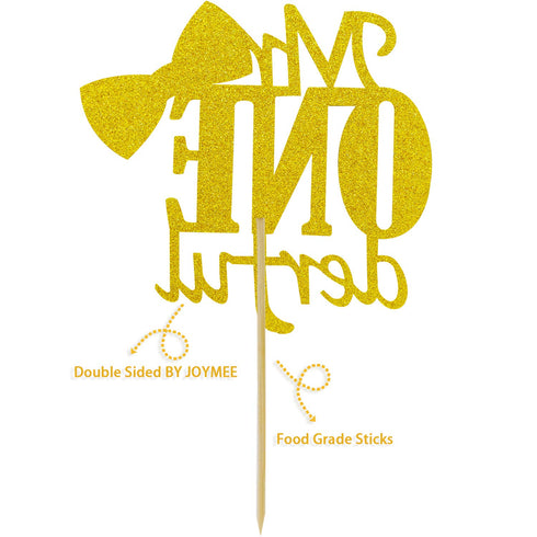 Joymee Mr Onederful Double Sided Cake Topper, 1st Birthday Decorations with Bowtie Gold Glitter