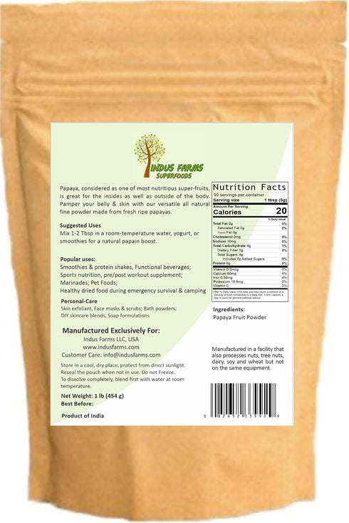 1 LB Indus Farms Papaya Fruit Powder Natural Papain Tenderizer for Marinades, Sauces & Cooking | Smoothies, Baking, DIY