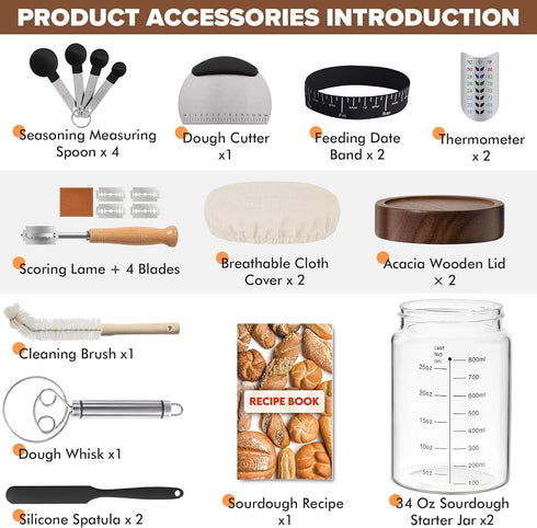 34 Oz 10 Set RYTOXILO Sourdough Starter Jar Kit, Glass Sour Dough Jars Wide Mouth for Beginners, Pcs Bread Starter