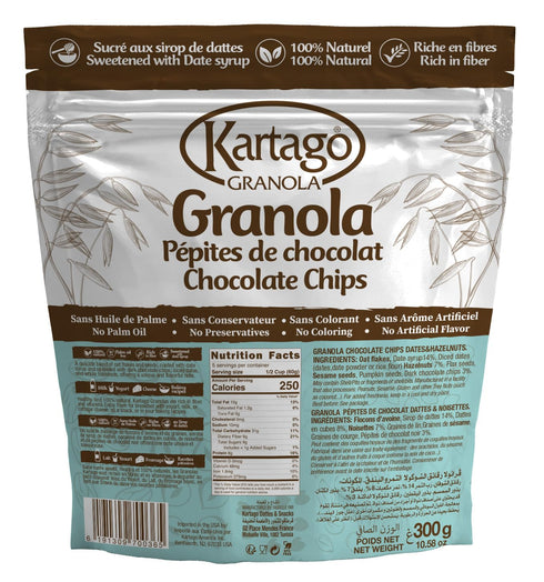 10.58 oz, (Pack 2) Kartago High Protein Granola, Chocolate Chip Granola Cereals, Naturally Sweetened with Date Syrup