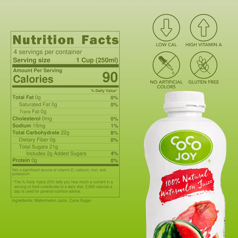 100% (6-Pack) CoCo Joy Natural Watermelon Juice, Low-Calorie Watermelon Drink