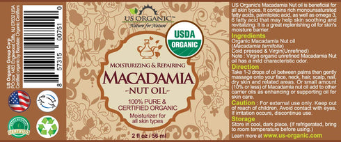 US Organic Macadamia Nut Oil Unrefined Virgin, Pure & Natural, Cold Pressed, 2 oz in Amber Glass Bottle with Dropper