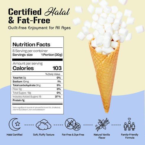 8.82 Oz (250 Bonjour Mini Marshmallows - Halal Gelatin, Low Fat & Dye Free Small Marshmallows For Hot Chocolate, Smore