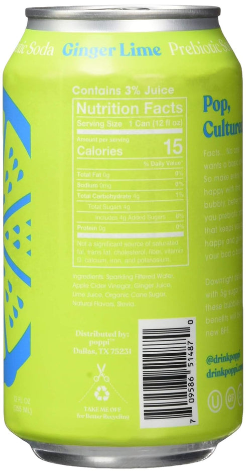 12 Oz (Pack 12) Poppi Ginger Lime Prebiotic Soda, Fl
