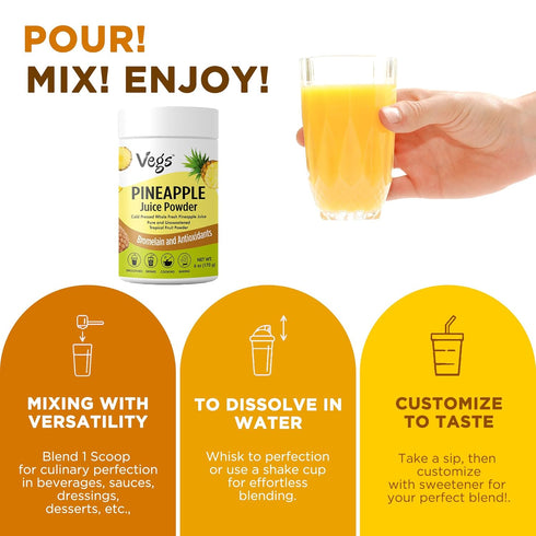 6 oz Vegs Pineapple Juice Powder - Freeze Dried Organic Pineapple Powder with Bromelain & Antioxidants - Sugar-Free