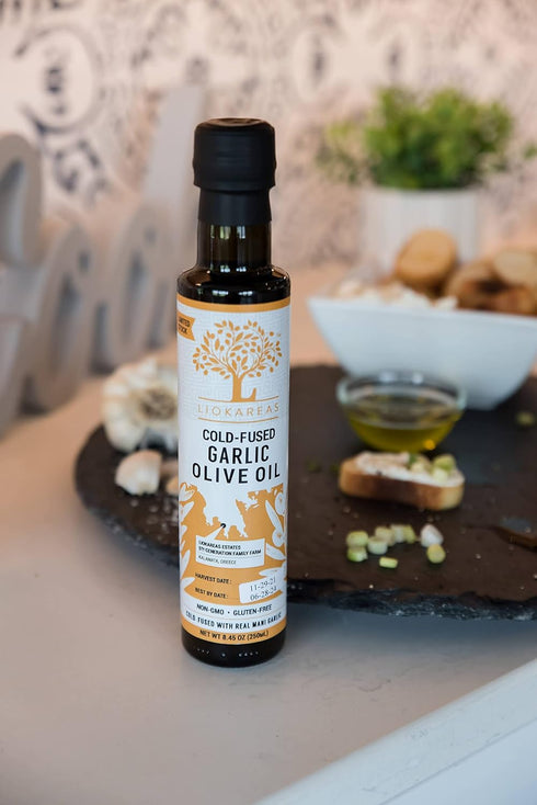 2022 Liokareas Garlic Olive Oil - Greek - Organic - NonGMO - Gluten Free - Paleo - Keto - Single Sourced - First