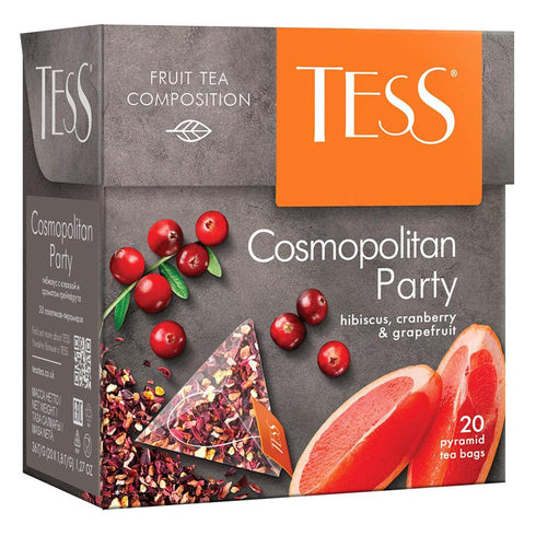 Tess Cosmopolitan Party Fruit Tea Composition with Hibiscus, Cranberry, and Grapefruit Leaf in 20 Pyramid Sachets