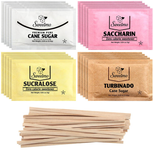 Sweetmo Sugar Packets Variety Pack - Sucralose, Raw Sugar, Saccharin, Cane Sugar with