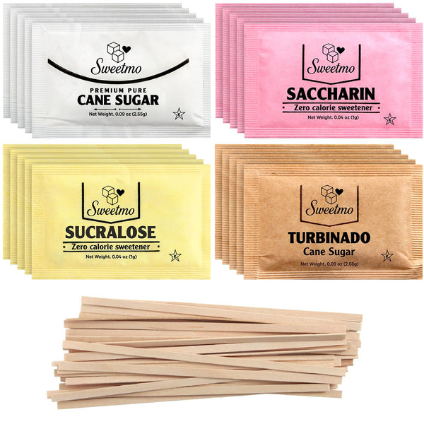 Sweetmo Sugar Packets Variety Pack - Sucralose, Raw Sugar, Saccharin, Cane Sugar with
