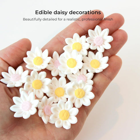 36 Count (3/4 Inch) Edible Daisy Cake Decorations, Mini Edible Flowers, White & Pink Sugar Flowers, Daisy Cupcake