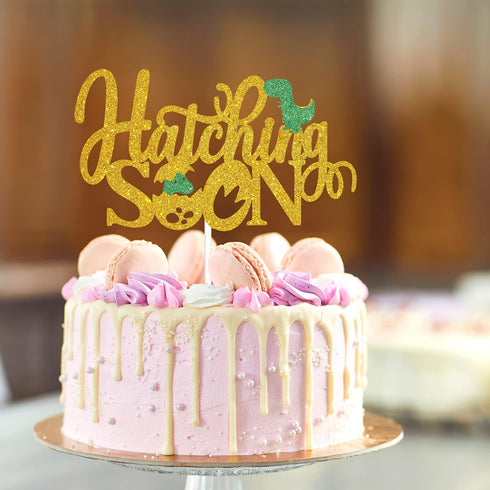 Hatching Soon Dinosaur Cake Topper - Welcome Baby Glitter Dino Eggshell Décor for Baby Shower