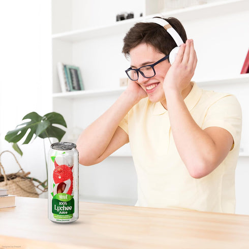 100% 16.9 oz (500 mL) Pack 12 VINUT Lychee Juice, No Added Sugar, Not From Concentrate, fl Can