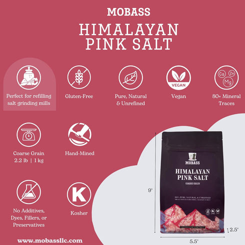 2.2 LBS 100% 84+ Mobass Himalayan Pink Salt - Coarse Grain in Resealable Pouch, Natural & Unrefined with Trace Minerals