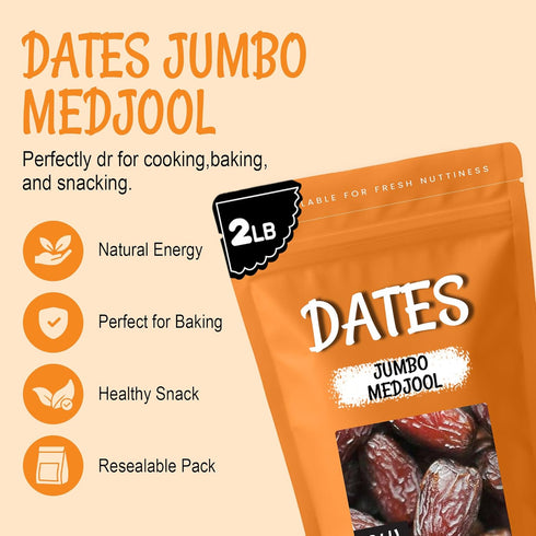 2 lb Oh! Nuts Jumbo Medjool Dates - Dried Dates - - Unpitted Medjool Dates - No Sugar Added - Dehydrated Fruit Snack