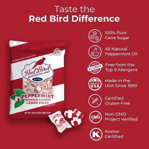 46 oz 3 lb Red Bird Peppermint Puffs Bag and Red Bird Crushed Peppermint Candy Tub Bundle, Gluten-Free Kosher Candy