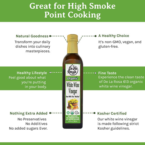 16.9 Oz (Pack 1) De La Rosa White Wine Vinegar, Raw & Unfiltered, with the Mother, Kosher for Passover, Vegan, Non-GMO