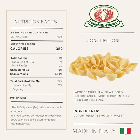 500g Rustichella d'Abruzzo Conchiglioni - Large Shell Pasta - Ideal for Stuffing - Classic Durum Wheat Pasta from Italy