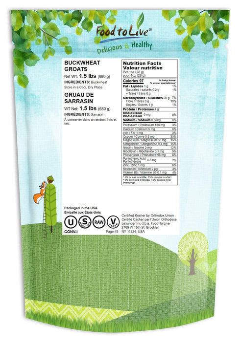 1.5 Food to Live Buckwheat Groats, Pounds - Hulled Whole Grains, Raw, Kosher, Vegan, Sirtfood, Bulk, Good Source