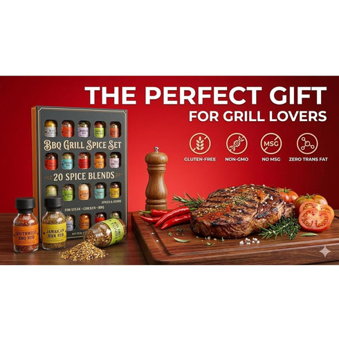 Set 20 Pack BBQ Grill Spice Glass Bottles Gourmet Seasoning Variety Rubs for Steak Chicken and Grilling BBQ Gift