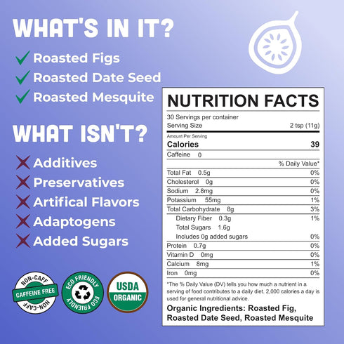 12-oz 30-servings, FigBrew Prebiotic Blend Coffee Alternative, Caffeine-free, Adaptogen-free, Ground Dark Roast