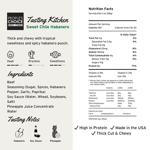 9g 1 (16 oz) Peoples Choice Beef Jerky Tasting Kitchen Sweet Chili Habanero Sweet & Spicy Protein Made in USA Pound Bag