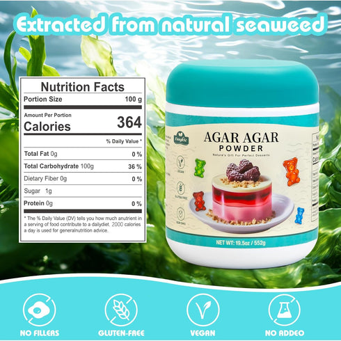 19.5oz 100% Agar Agar Powder - Natural Seaweed Thickener & Gelling Agent, Unflavored, sugar free, Vegan, Gluten-Free