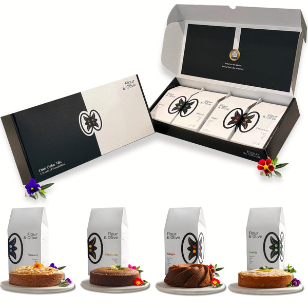 Flour & Olive 4-Pack Premium Cake Mix Gift Set: Almond, Chocolate, Ginger,
