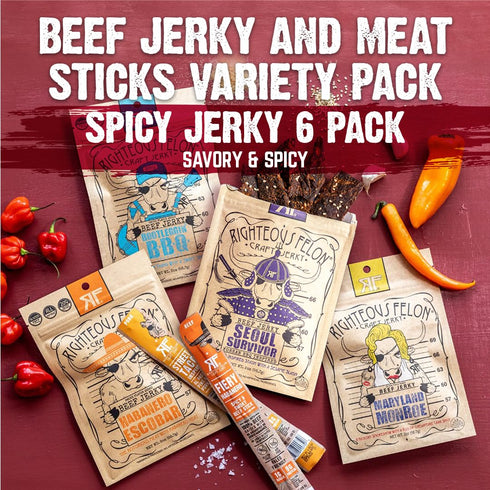 Pack Packs 6 Pack Righteous Felon Beef Jerky & Meat Sticks Variety | Gluten Free Beef Jerky Snack for Adults | High