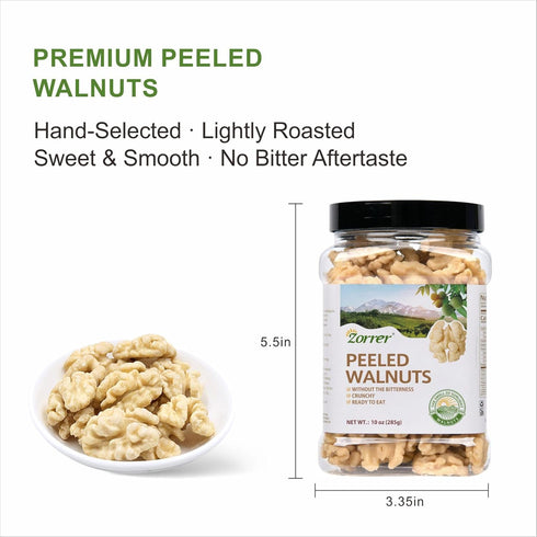 (10 OZ/Pack 1) Zorrer Premium Peeled Walnuts Halves, Skinless Raw Walnuts Texture, Sweet, Crisp, No Salt Added, Healthy