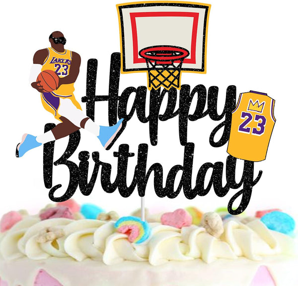 Basketball Cake Topper - Happy Birthday Party Basketball Star Themed Cake Decorations for Boys and Girls Black Glitter