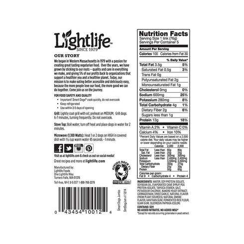 Lightlife 13.5 oz (2 Pack, 10 Jumbo Smart Dogs Meatless Veggie Hot Dogs, Hot dogs Total)